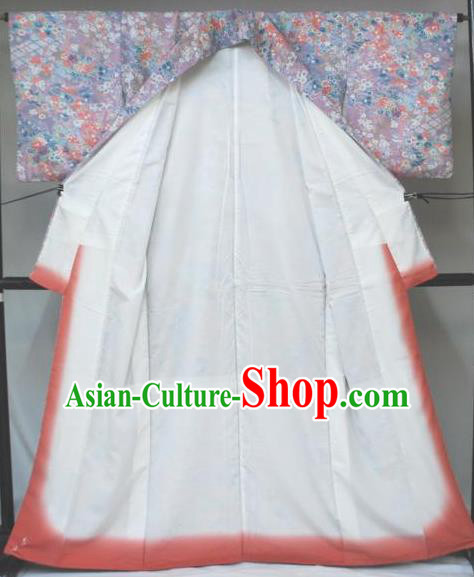 Traditional Japan Geisha Printing Peony Lilac Silk Furisode Kimono Asian Japanese Fashion Apparel Costume for Women