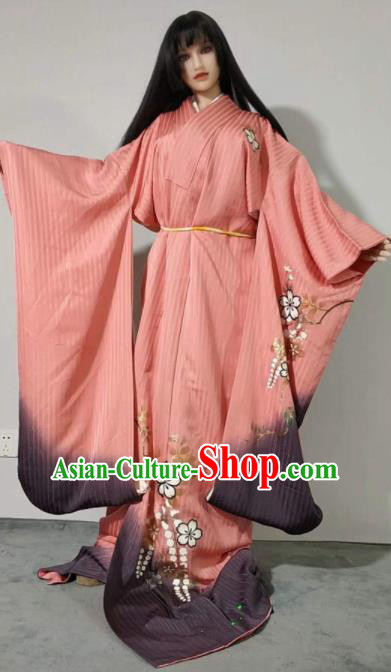 Traditional Japan Geisha Printing Sakura Pink Furisode Kimono Asian Japanese Fashion Apparel Costume for Women