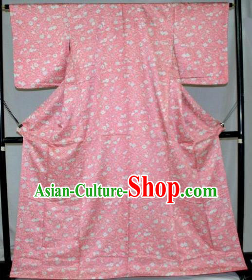 Traditional Japan Geisha Printing Sakura Pink Silk Furisode Kimono Asian Japanese Fashion Apparel Costume for Women