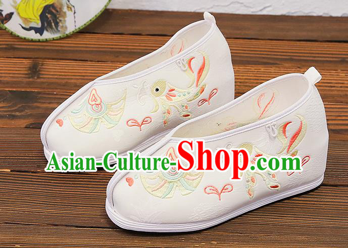 Asian Chinese Traditional Embroidered Bird White Shoes Princess Shoes Opera Shoes Hanfu Shoes for Women