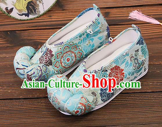 Asian Chinese Traditional Light Blue Satin Embroidered Shoes Princess Shoes Opera Shoes Hanfu Shoes for Women