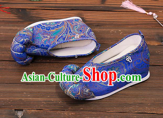 Asian Chinese Traditional Blue Satin Embroidered Shoes Princess Shoes Opera Shoes Hanfu Shoes for Women