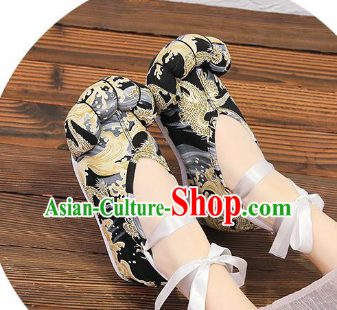 Chinese Traditional Classical Dragon Pattern Black Satin Embroidered Shoes Princess Shoes Opera Shoes Hanfu Shoes for Women