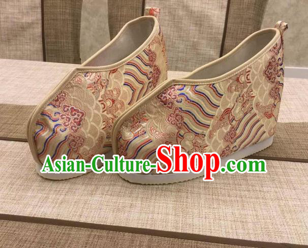 Chinese Traditional Classical Wave Pattern Golden Satin Embroidered Shoes Princess Shoes Opera Shoes Hanfu Shoes for Women