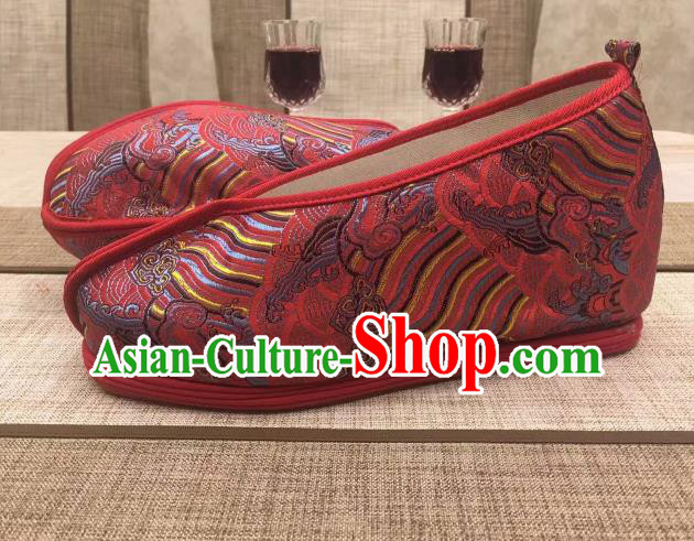 Chinese Traditional Classical Wave Pattern Dark Red Satin Embroidered Shoes Princess Shoes Opera Shoes Hanfu Shoes for Women