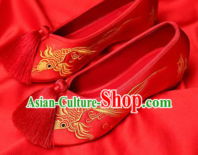 Chinese Traditional Red Embroidered Carp Shoes Opera Shoes Hanfu Shoes Wedding Shoes for Women