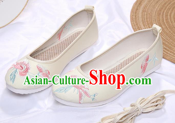 Chinese Traditional Beige Embroidered Peony Shoes Opera Shoes Hanfu Shoes Wedding Shoes for Women