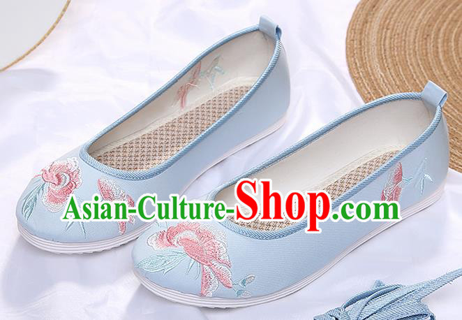 Chinese Traditional Blue Embroidered Peony Shoes Opera Shoes Hanfu Shoes Wedding Shoes for Women