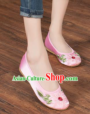 Chinese Traditional Embroidered Peach Blossom Pink Shoes Opera Shoes Hanfu Shoes Satin Shoes for Women