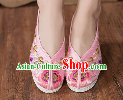 Chinese Traditional Pink Satin Embroidered Shoes Opera Shoes Hanfu Shoes Wedding Shoes for Women