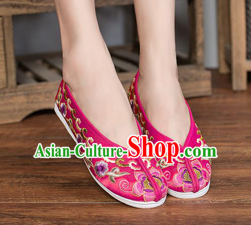 Chinese Traditional Rosy Satin Embroidered Shoes Opera Shoes Hanfu Shoes Wedding Shoes for Women