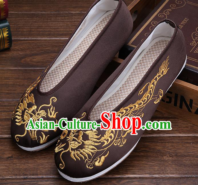 Chinese Traditional Brown Embroidered Dragon Shoes Handmade Hanfu Shoes Wedding Shoes for Men