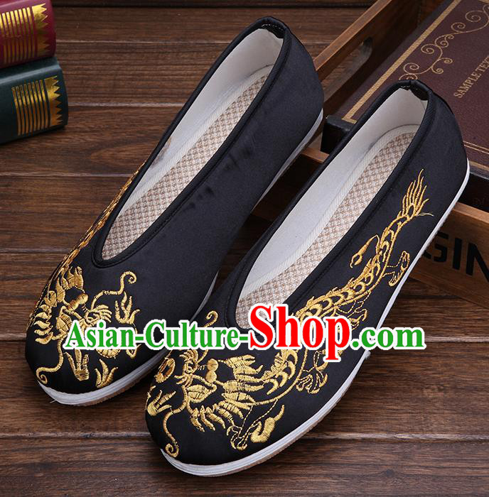 Chinese Traditional Black Embroidered Dragon Shoes Handmade Hanfu Shoes Wedding Shoes for Men