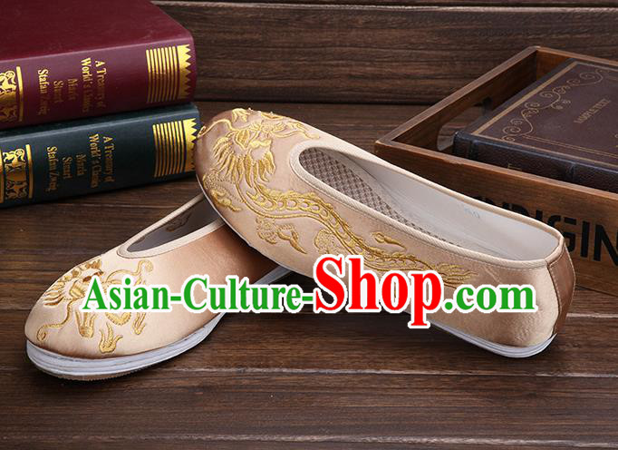 Chinese Traditional Beige Embroidered Dragon Shoes Handmade Hanfu Shoes Wedding Shoes for Men