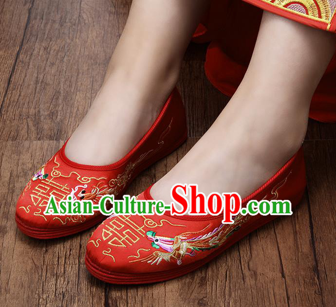 Chinese Traditional Embroidered Phoenix Red Shoes Opera Shoes Hanfu Shoes Wedding Shoes for Women