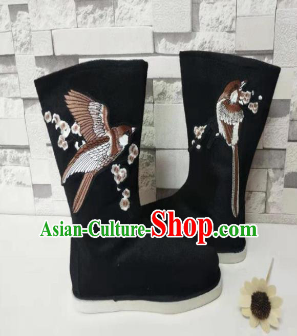 Chinese Traditional Embroidered Bird Black Boots Handmade Hanfu Shoes Ancient Swordsman Shoes for Men