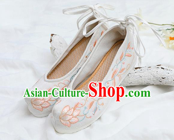 Chinese Traditional Embroidered Lotus White Shoes Opera Shoes Hanfu Shoes Wedding Shoes for Women