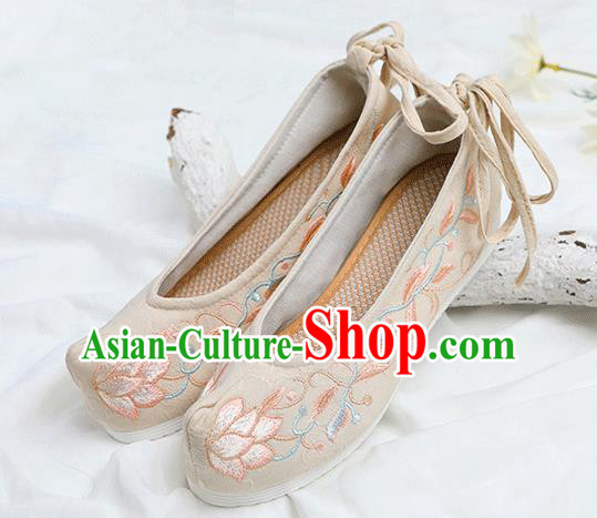 Chinese Traditional Embroidered Lotus Beige Shoes Opera Shoes Hanfu Shoes Wedding Shoes for Women