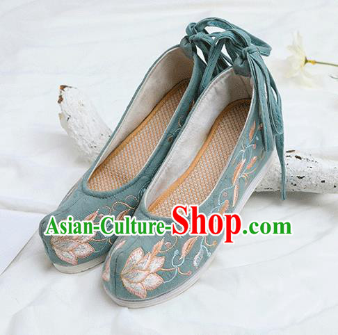 Chinese Traditional Embroidered Lotus Green Shoes Opera Shoes Hanfu Shoes Wedding Shoes for Women