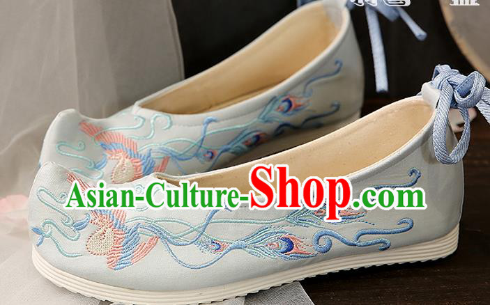 Chinese Traditional Blue Embroidered Phoenix Shoes Opera Shoes Hanfu Shoes Wedding Shoes for Women