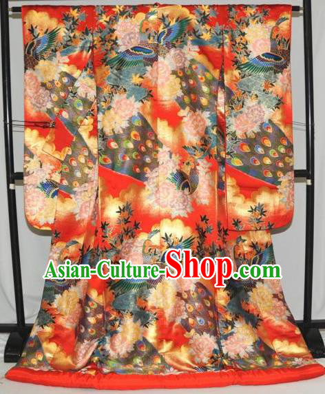 Traditional Japan Geisha Printing Peacock Peony Red Furisode Kimono Asian Japanese Fashion Apparel Costume for Women