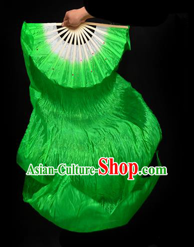 Traditional Chinese Folk Dance Green Ribbon Fan Stage Performance Yangko Dance Silk Folding Fan