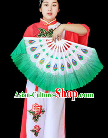 Traditional Chinese Folk Dance Green Ribbon Mulan Fan Stage Performance Yangko Dance Silk Folding Fan