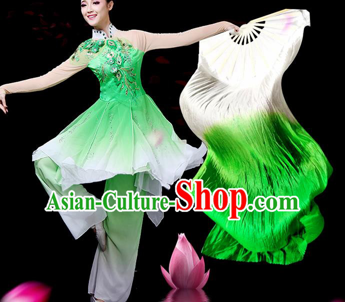Traditional Chinese Folk Dance Green Silk Fan Stage Performance Yangko Dance Ribbon Folding Fan