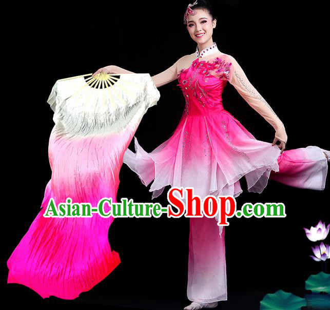 Traditional Chinese Folk Dance Rosy Silk Fan Stage Performance Yangko Dance Ribbon Folding Fan