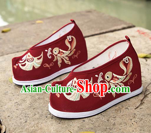 Asian Chinese Traditional Wedding Shoes Purplish Red Embroidered Shoes Opera Shoes Hanfu Shoes for Women