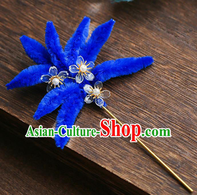 Chinese Traditional Hanfu Royalblue Velvet Hairpins Ancient Qing Dynasty Hair Accessories for Women