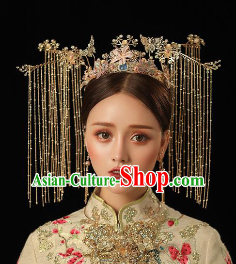 Chinese Traditional Wedding Bride Peach Blossom Phoenix Coronet Hairpins Hair Accessories for Women