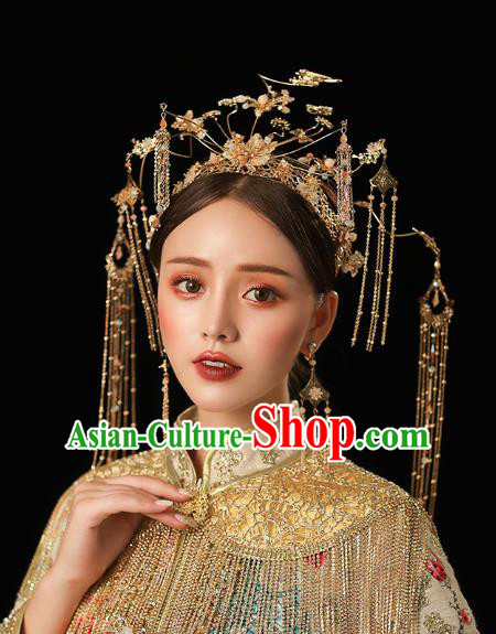 Chinese Traditional Wedding Bride Golden Pine Birds Phoenix Coronet Hairpins Hair Accessories for Women