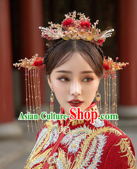 Chinese Traditional Wedding Bride Phoenix Coronet Hair Comb and Tassel Hairpins Hair Accessories for Women