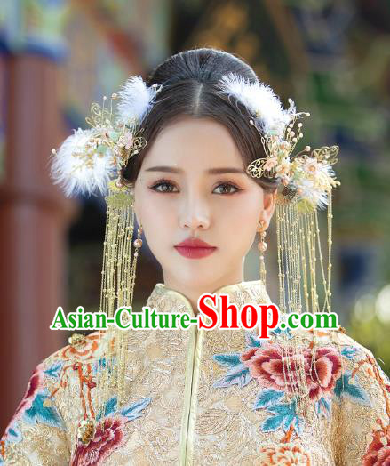 Chinese Traditional Wedding Bride Hair Comb and Feather Tassel Hairpins Hair Accessories for Women