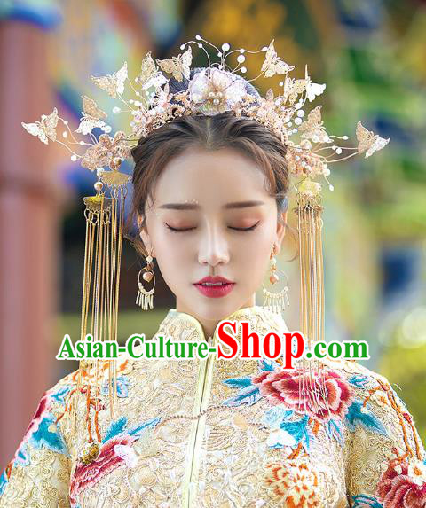 Chinese Traditional Wedding Bride Peach Butterfly Phoenix Coronet Hairpins Hair Accessories for Women