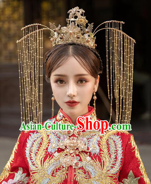 Chinese Traditional Ancient Wedding Bride Golden Phoenix Coronet Hair Accessories for Women