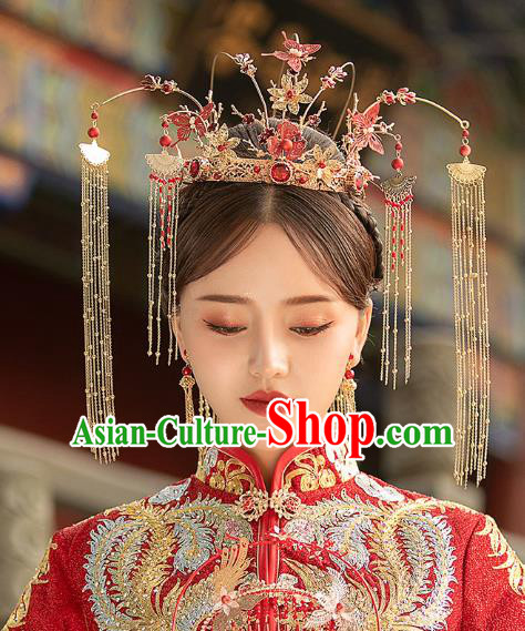 Chinese Traditional Ancient Bride Red Butterfly Tassel Phoenix Coronet Wedding Hair Accessories for Women