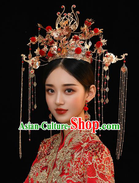 Chinese Traditional Ancient Bride Red Venonat Phoenix Coronet Wedding Hair Accessories for Women