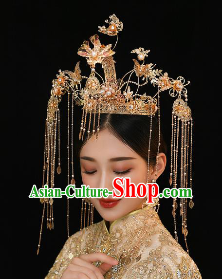 Chinese Traditional Ancient Bride Golden Butterfly Tassel Phoenix Coronet Wedding Hair Accessories for Women