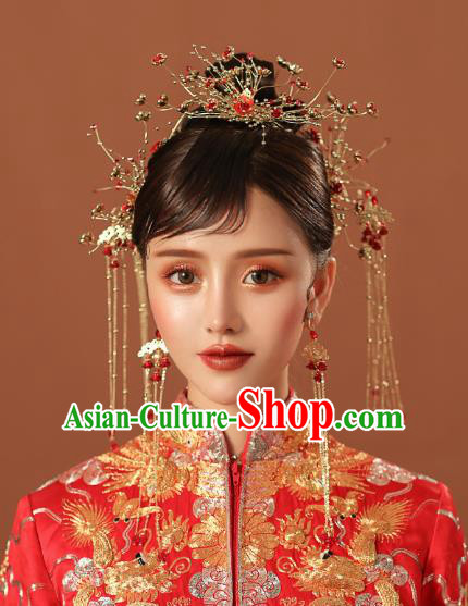 Chinese Traditional Wedding Bride Red Flower Hair Comb and Tassel Hairpins Hair Accessories for Women