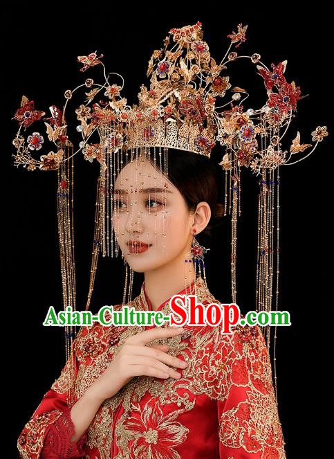 Chinese Traditional Ancient Bride Red Butterfly Phoenix Coronet Wedding Hair Accessories for Women