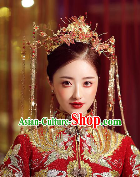 Chinese Traditional Ancient Bride Red Butterfly Tassel Phoenix Coronet Wedding Hair Accessories for Women