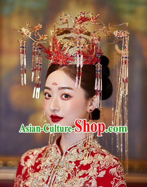 Chinese Traditional Ancient Bride Headdress Red Flowers Phoenix Coronet Wedding Hair Accessories for Women