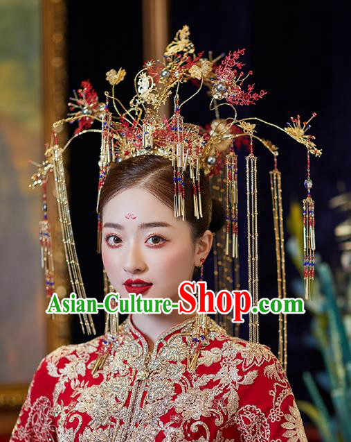 Chinese Traditional Ancient Bride Headdress Red Leaf Tassel Phoenix Coronet Wedding Hair Accessories for Women