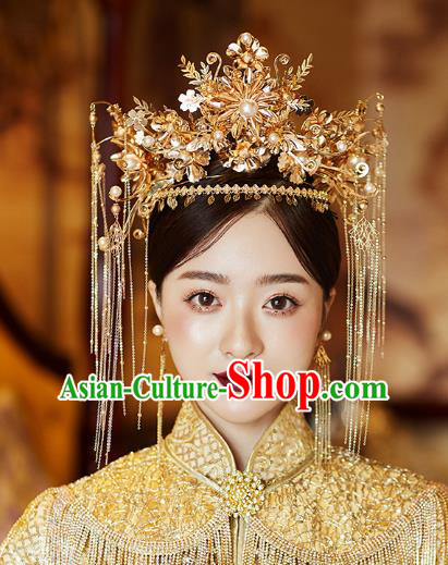 Chinese Traditional Ancient Bride Headdress Golden Flowers Phoenix Coronet Wedding Hair Accessories for Women