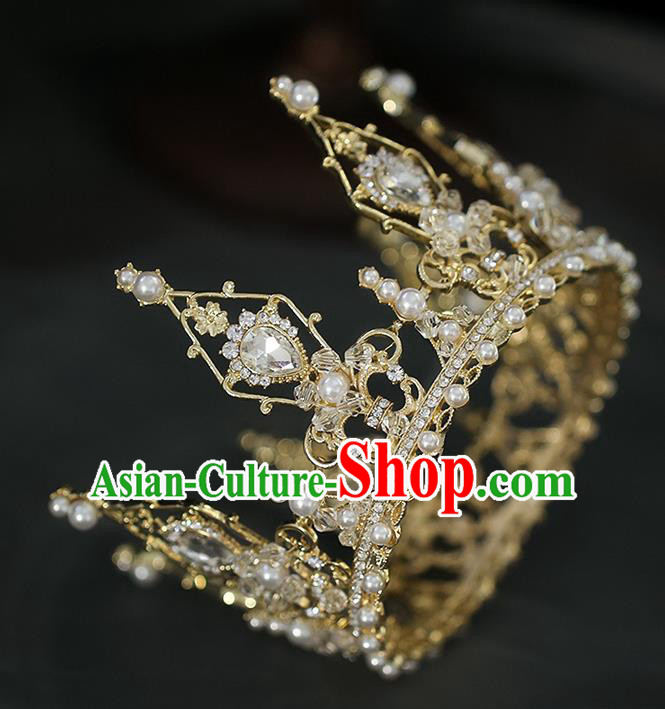 Top Grade Baroque Bride Golden Crystal Round Royal Crown Wedding Queen Hair Accessories for Women