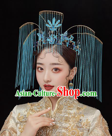 Chinese Traditional Ancient Bride Headdress Blue Tassel Phoenix Coronet Wedding Hair Accessories for Women