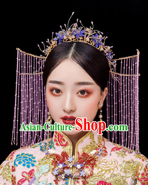 Chinese Traditional Ancient Purple Flowers Tassel Phoenix Coronet Bride Headdress Wedding Hair Accessories for Women