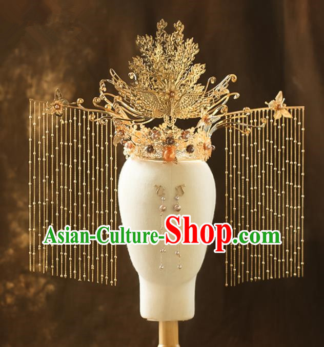 Chinese Traditional Ancient Golden Phoenix Coronet Hairpins Bride Headdress Wedding Hair Accessories for Women